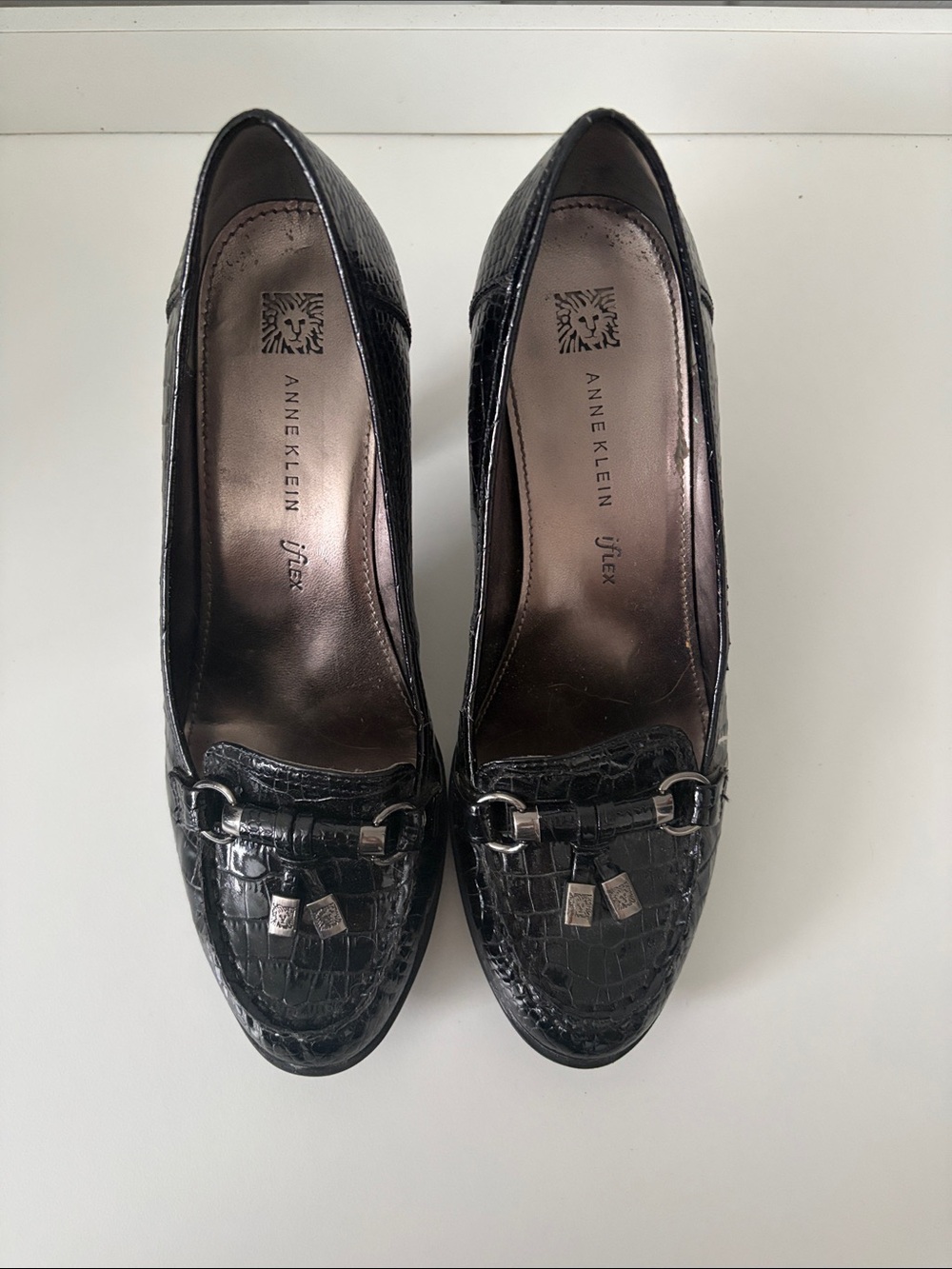 Anne Klein Black Croc-Embossed Loafers with Bit Detail
